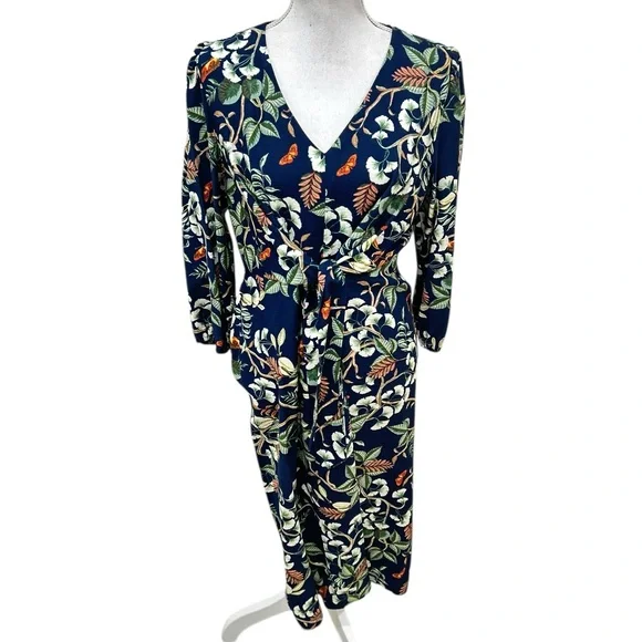 LOFT Navy Botanical Tie-Waist Midi Dress - Picture 4 of 14